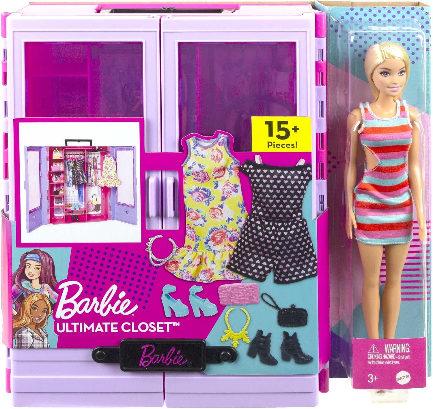 Armário de Moda Portátil Barbie Roxo e Rosa com Boneca e Acessórios — foto 6