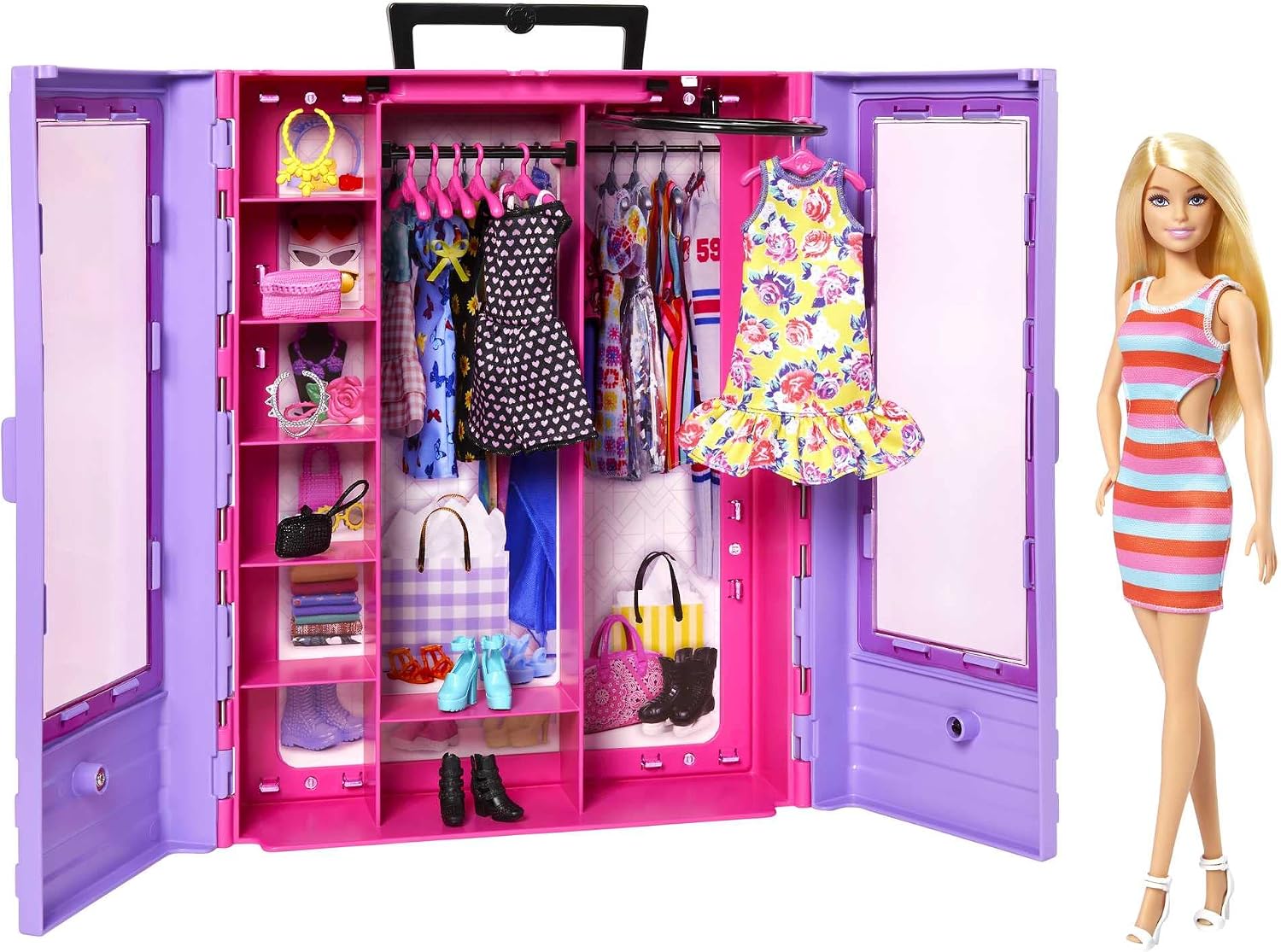 Armário de Moda Portátil Barbie Roxo e Rosa com Boneca e Acessórios