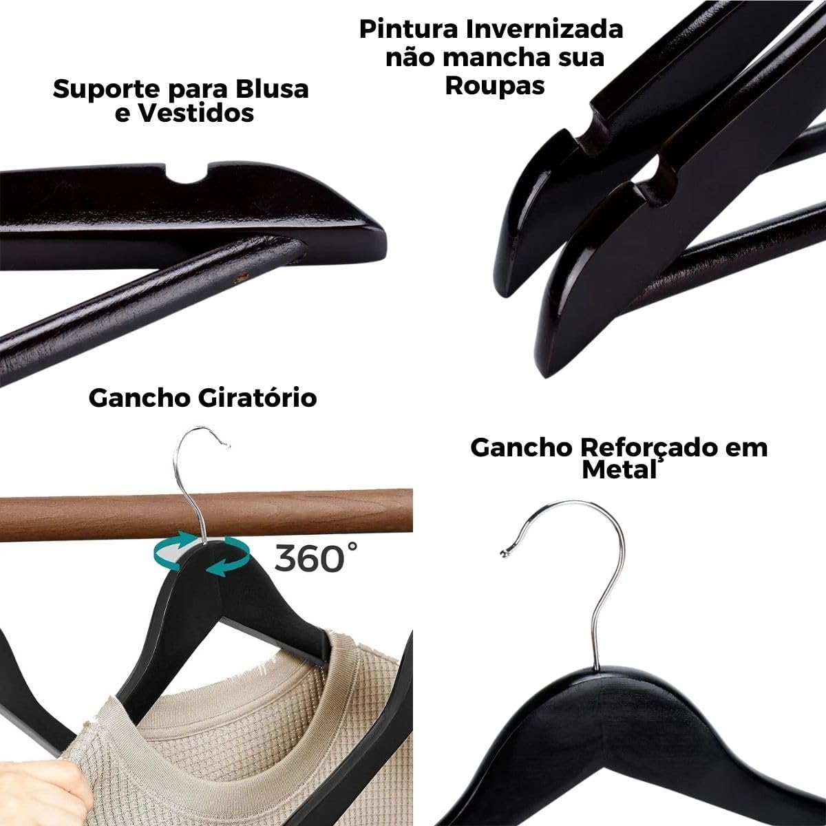 Cabide de Madeira Maciça Marfim Reforçado - Suporta até 5kg — foto 4
