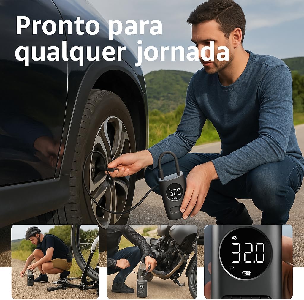 Calibrador Compressor Bomba de Ar Portátil Digital - Inflador para Pneus de Carro, Moto e Bicicleta