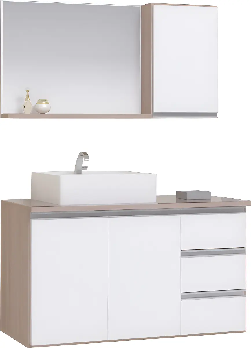 Conjunto Gabinete Banheiro Completo Prisma 0.80m Móvel Madeirado e Branco