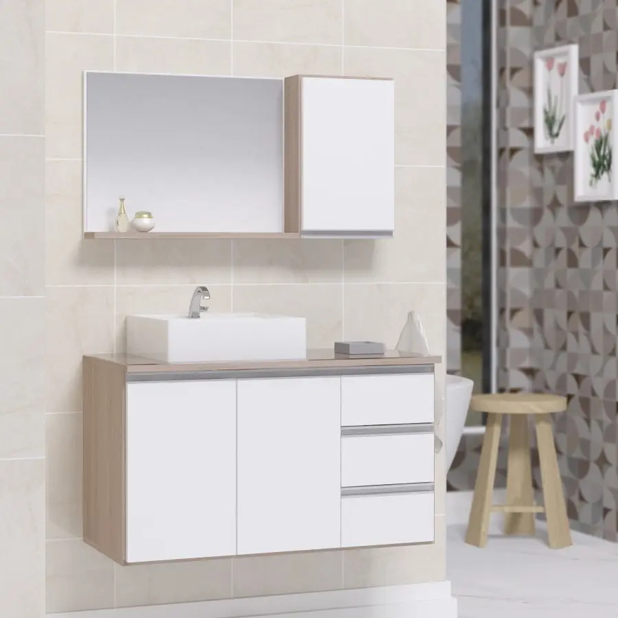 Conjunto Gabinete Banheiro Completo Prisma 0.80m Móvel Madeirado e Branco — foto 2