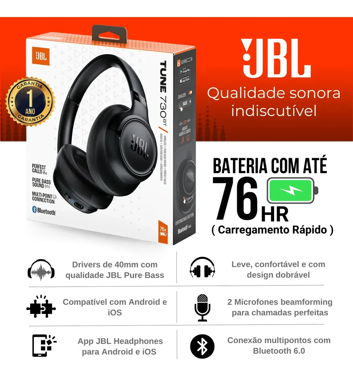 Fone de Ouvido JBL Tune 730BT Bluetooth 6.0 Preto — foto 2
