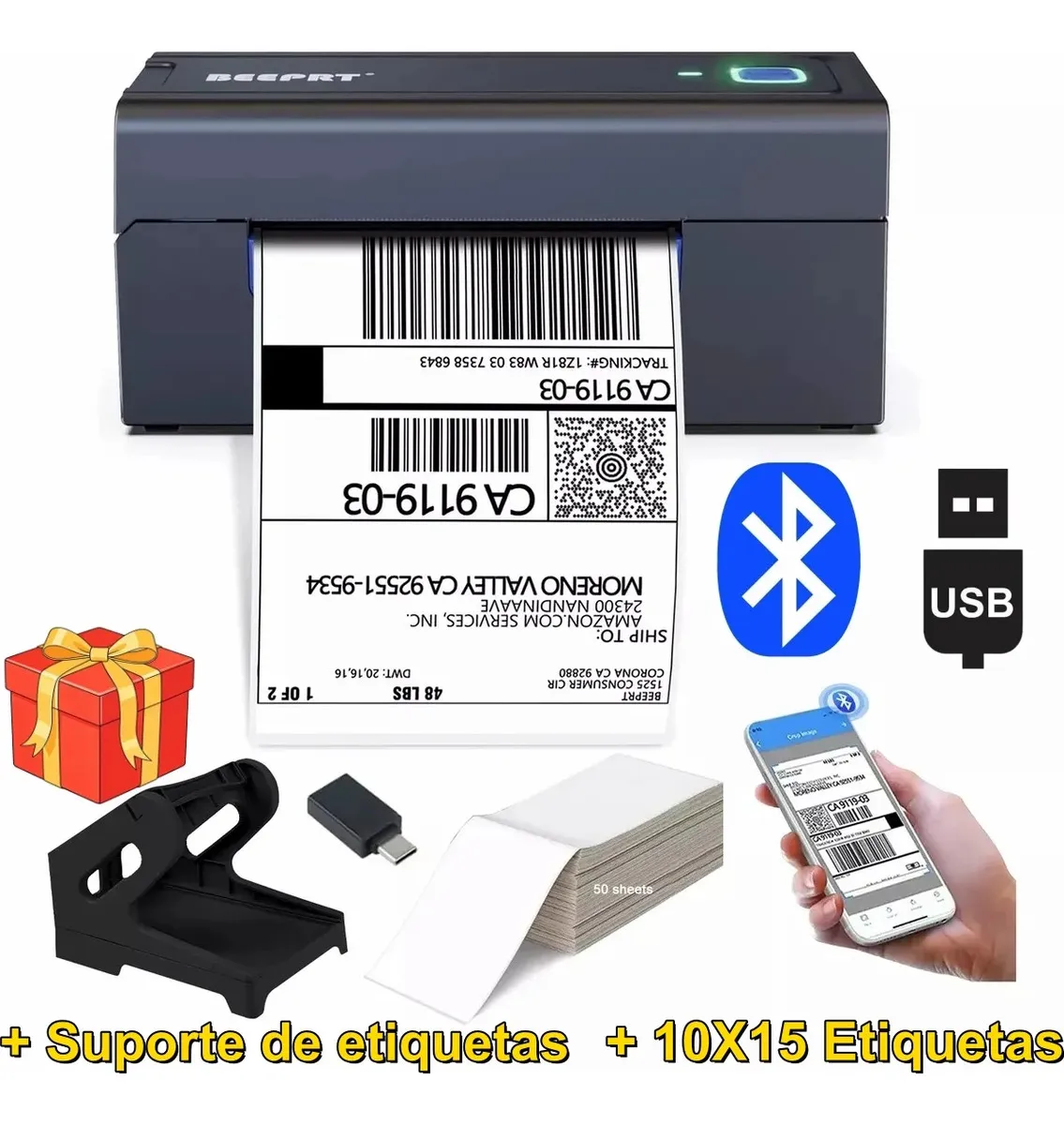 Impressora Térmica Aiyin® Bluetooth USB 110mm para Códigos de Barras e Etiquetas