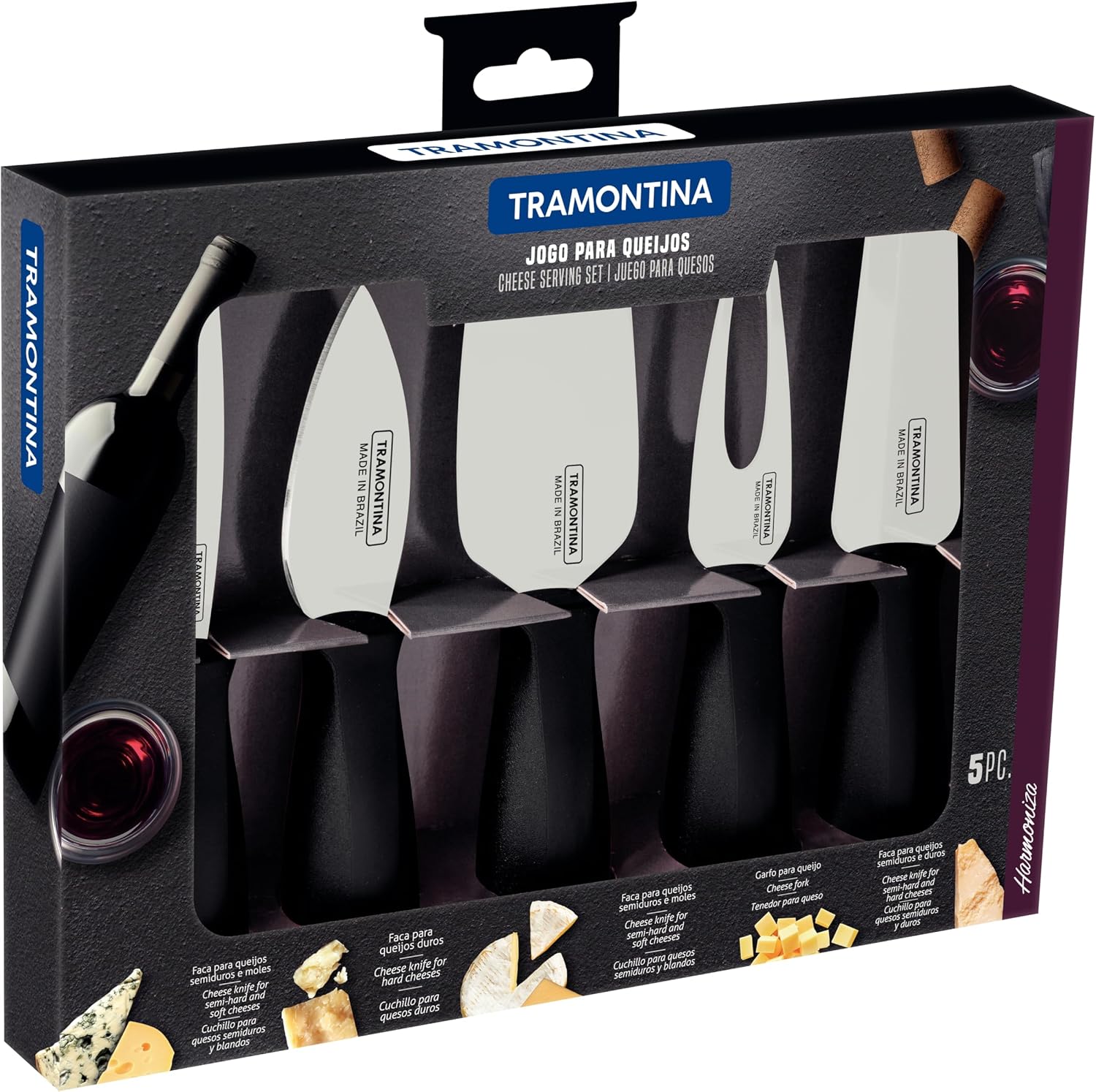 Jogo para Queijo Harmoniza 5 Peças Tramontina Inox e Polipropileno Preto