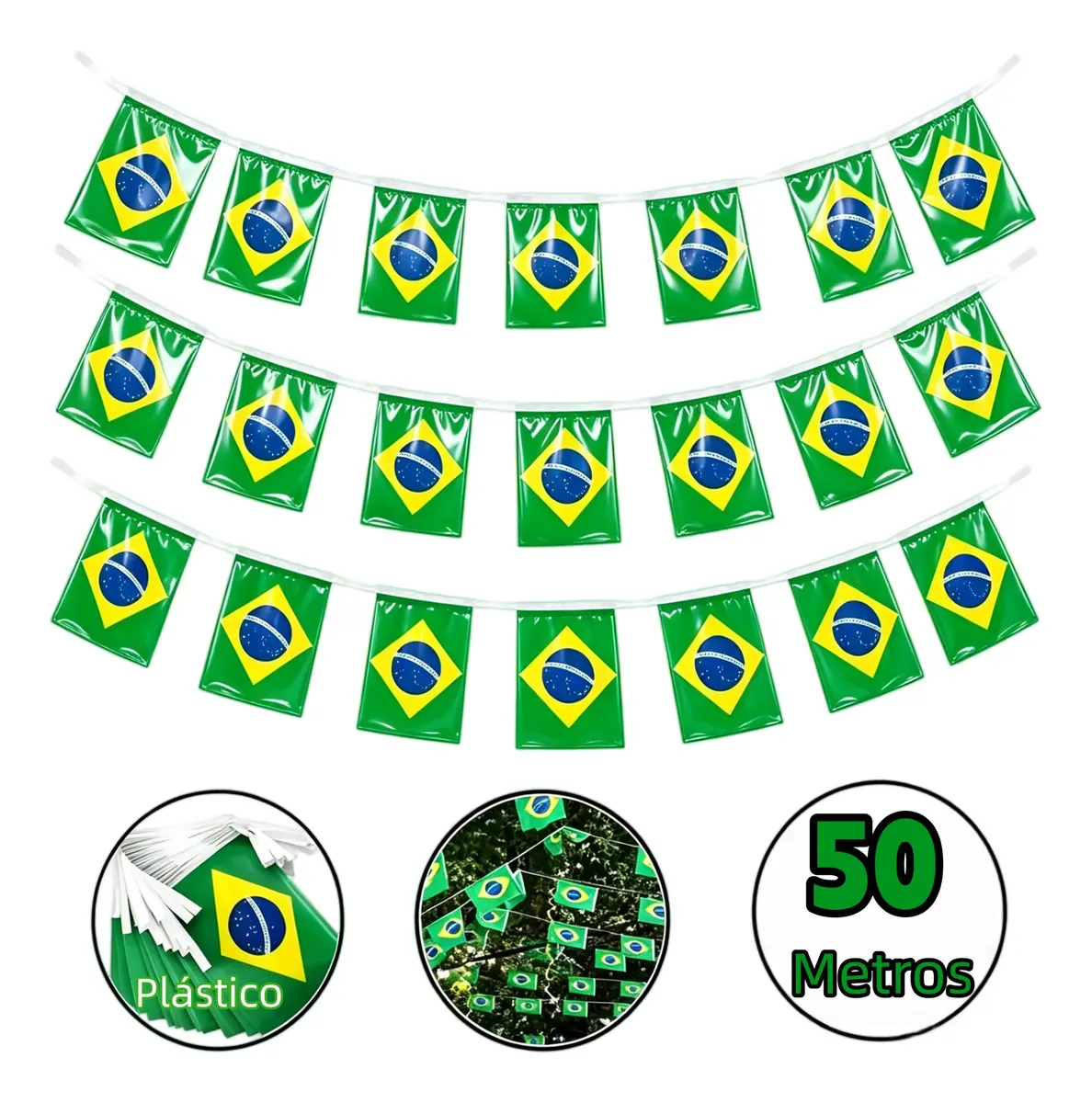 Kit Varal de Bandeirinhas do Brasil 50/80 Metros - Decoração para Eventos