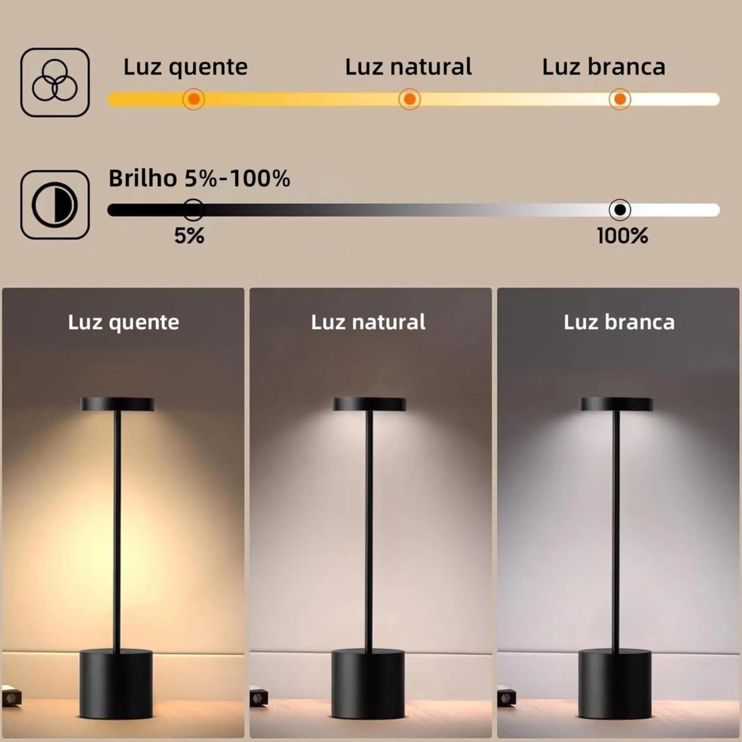 Luminária de Mesa Touch LED Recarregável com 3 Modos de Luz - Preto e Branco — foto 4