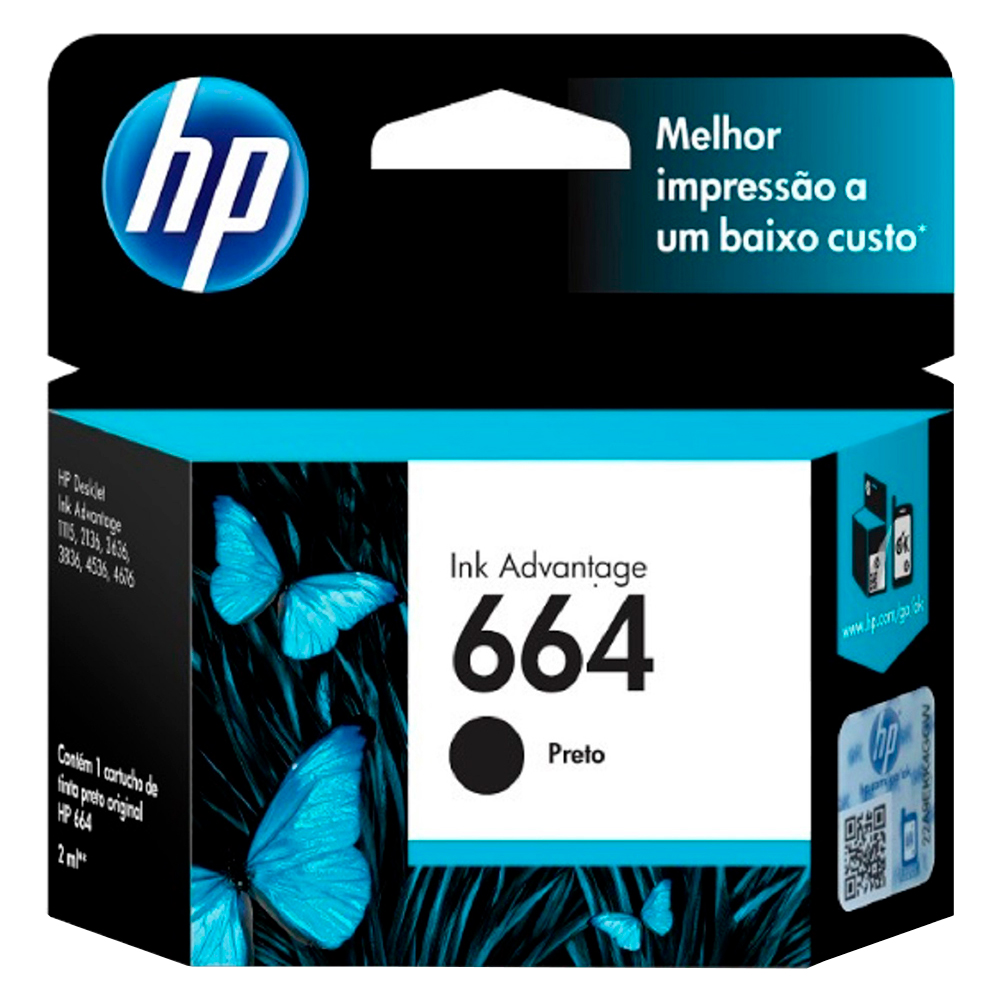 Cartucho de Tinta HP Preto Nº664 Original até 480 Páginas F6V29AB