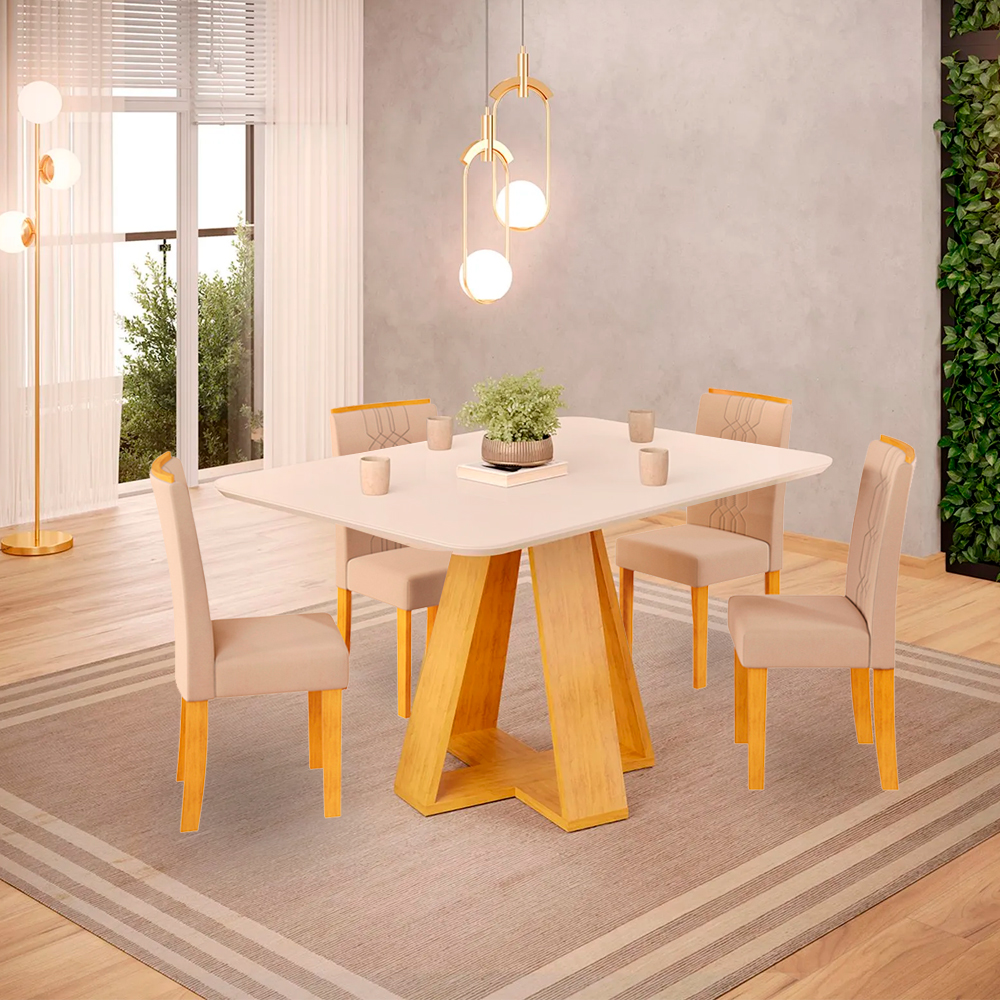 Conjunto de Mesa Celeste DJ Móveis com 4 Cadeiras Estofadas em MDF