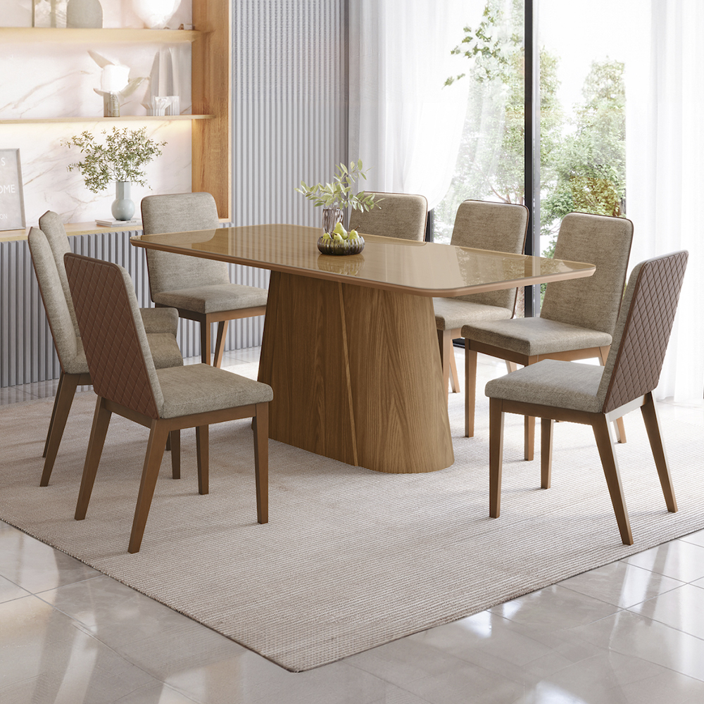 Conjunto de Mesa Henn Olivia com 8 Cadeiras em Madeira e Vidro
