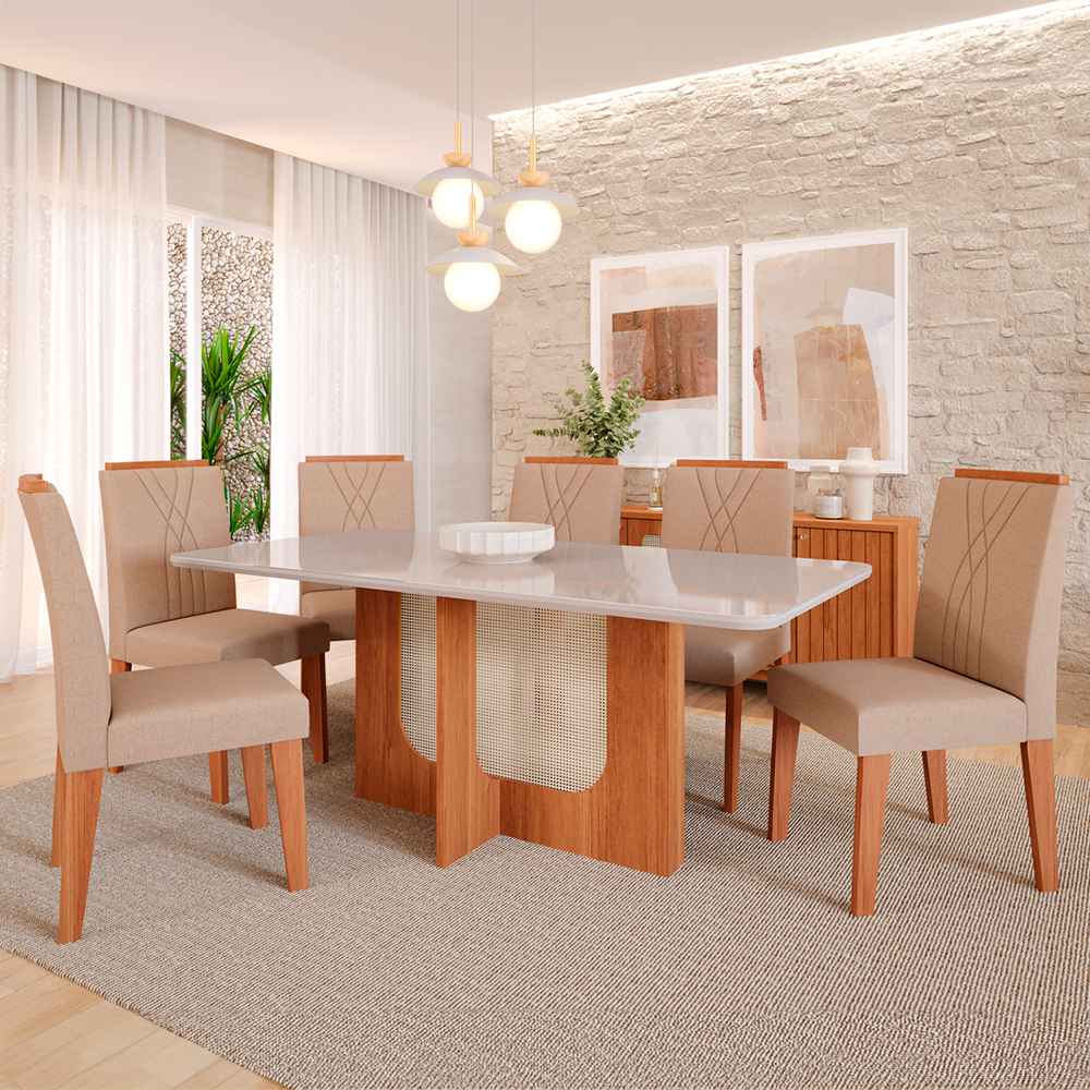 Conjunto de Mesa 6 Cadeiras MDF e Vidro Louise Cimol