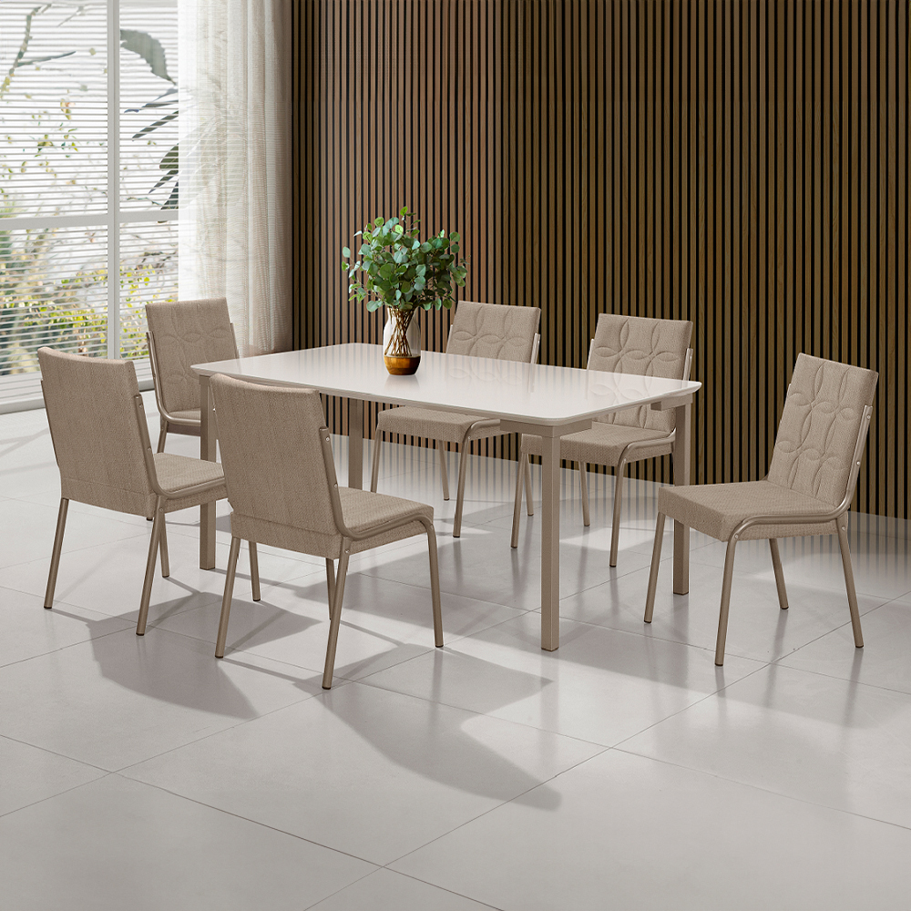 Conjunto de Mesa Aço Nobre Isis New com 6 Cadeiras Tampo MDF e Vidro