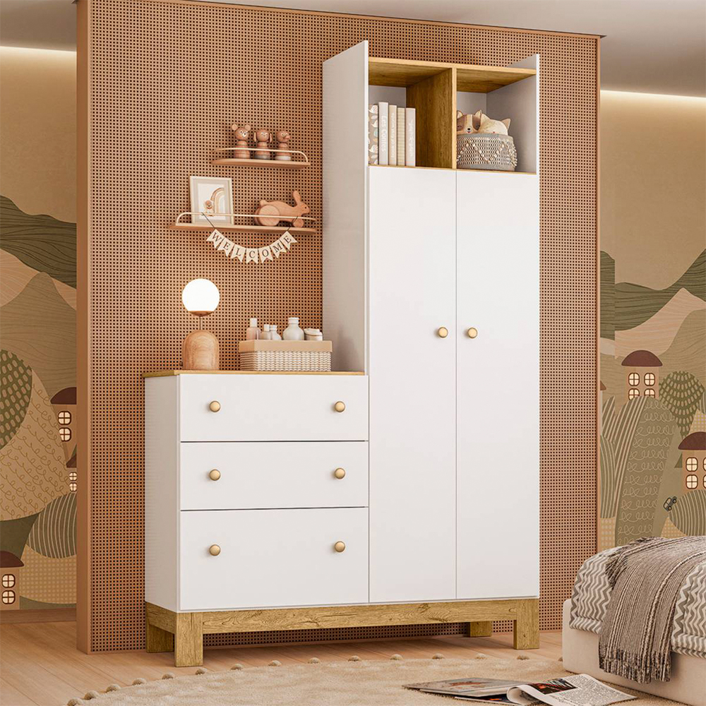 Guarda-Roupa Infantil 2 Portas Bater 3 Gavetas Qmovi Fantasia