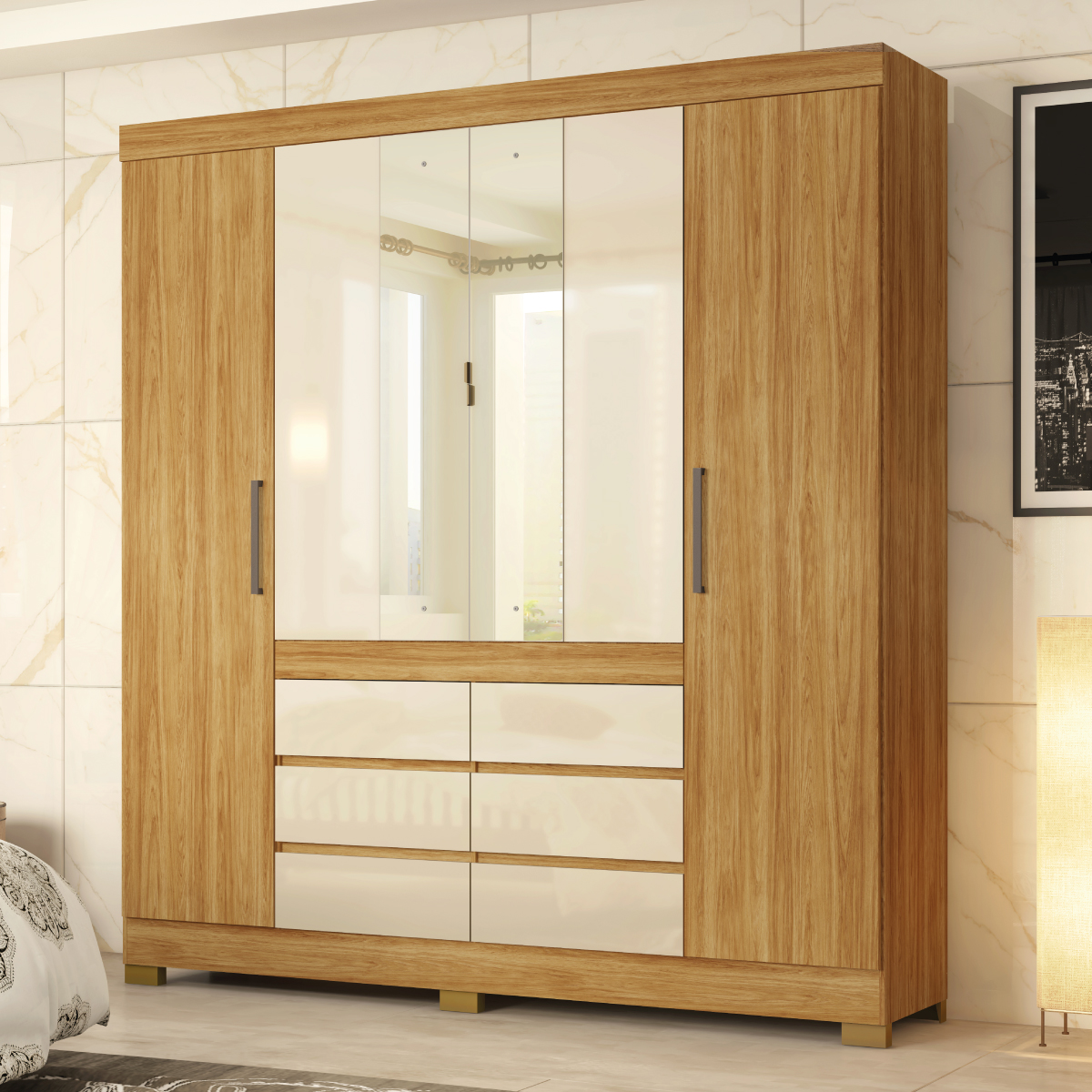 Guarda-Roupa Casal 4 Portas Correr 6 Gavetas Demobile Cádis