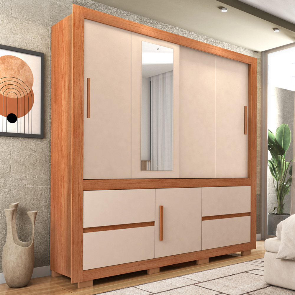 Guarda-Roupa Casal 3 Portas Correr com Espelho e 4 Gavetas Optimus Lux Caemmun