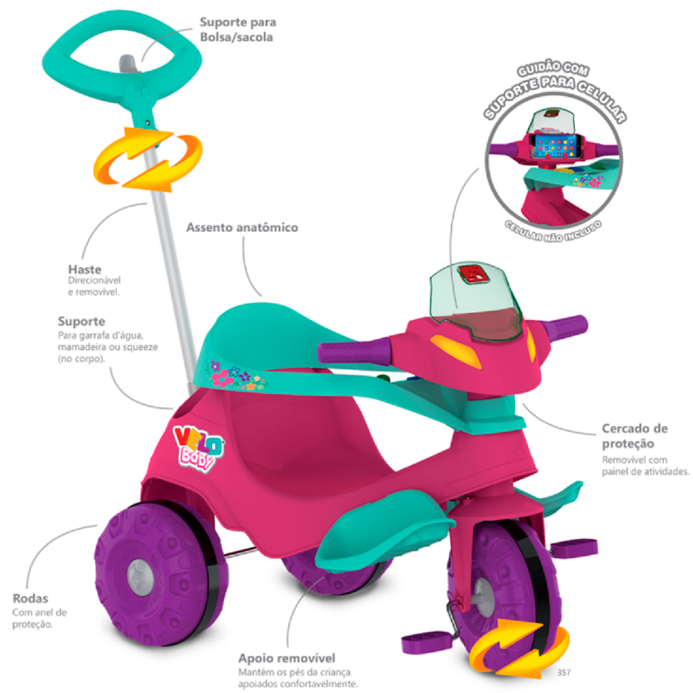 Triciclo Infantil Bandeirante Velobaby com Empurrador e Pedal — foto 3