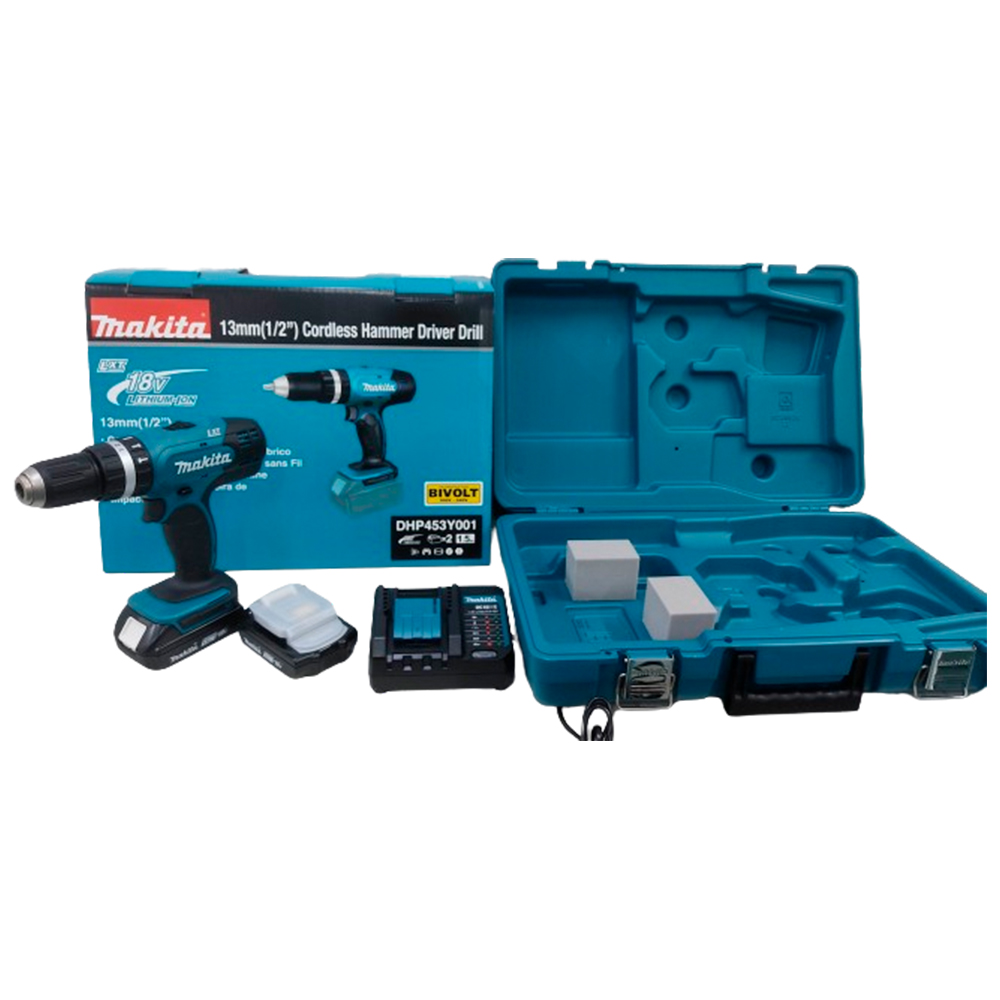 Furadeira e Parafusadeira de Impacto Makita DHP453Y001 com 2 Baterias 18V e Maleta