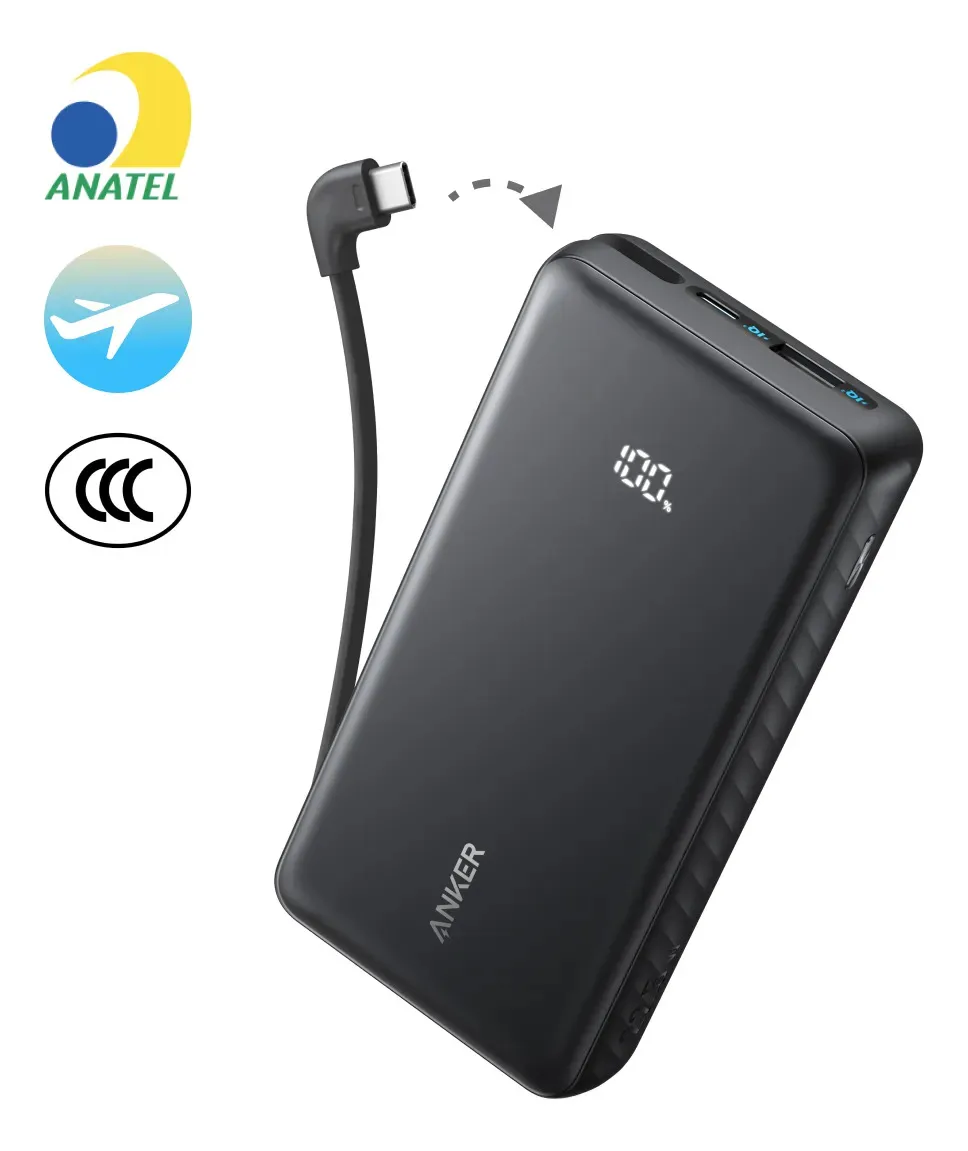 Carregador Portátil Power Bank Anker 20000mAh Carga Turbo 22.5W Cabo USB-C Integrado Para iPhone 17/16/15/14, Samsung Galaxy, Motorola, Xiaomi, Poco