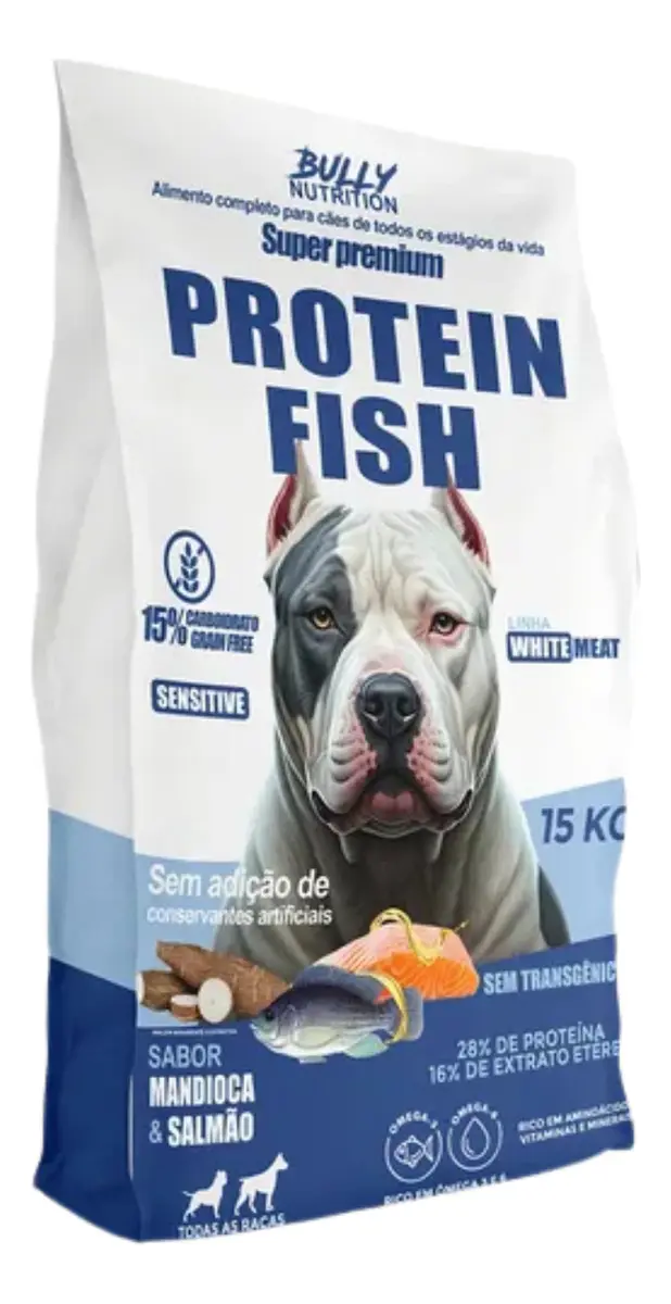 Bully Nutrition Ração Super Premium Fish Protein 15kg Sabor Mandioca e Salmão
