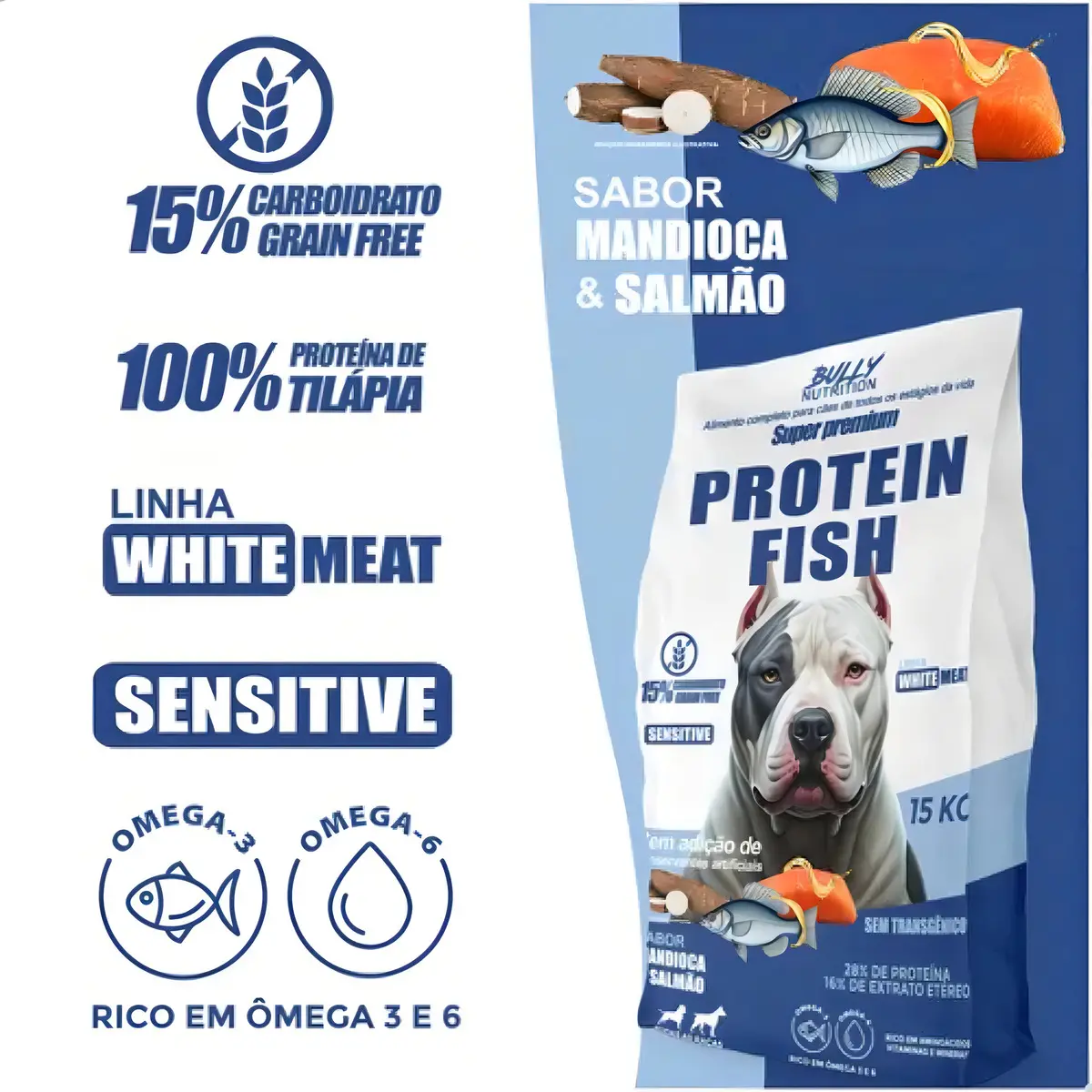 Bully Nutrition Ração Super Premium Fish Protein 15kg Sabor Mandioca e Salmão — foto 3