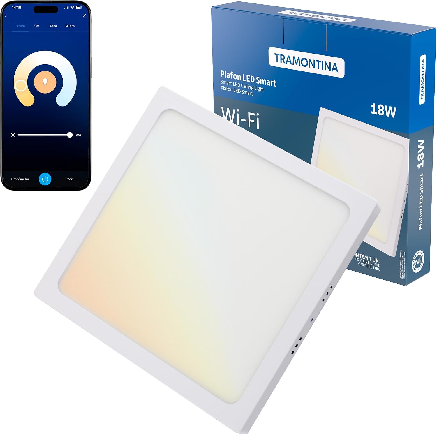 Tramontina Plafon Smart LED Quadrado 18W Wi-Fi Bluetooth Compatível com Alexa e Google